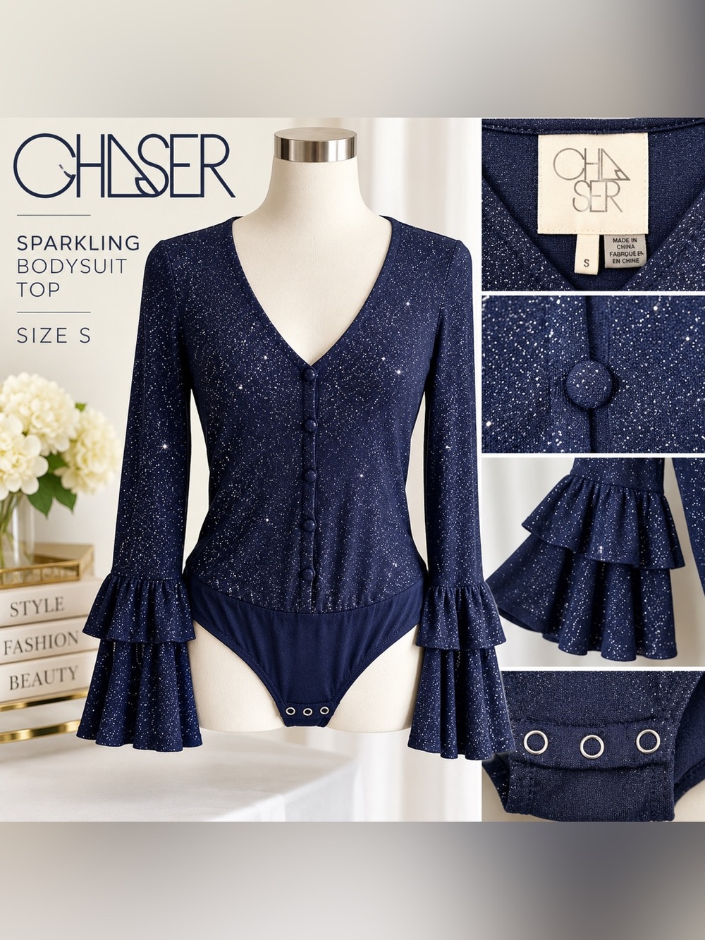 Chaser Sparkling Blueberry Navy Bodysuit — Size Small NWT
